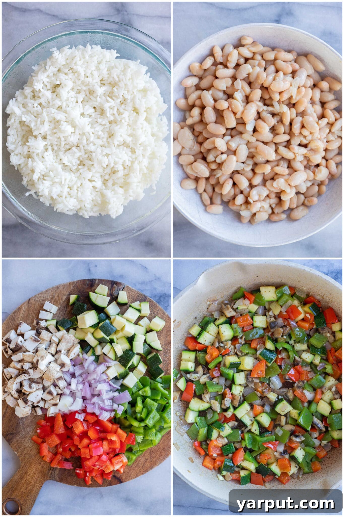 Veggie Pizza Bake with White Beans and Rice 3 Step-by-step imagery showing the preparation of the vegetarian pizza casserole, highlighting fresh vegetables and marinara sauce