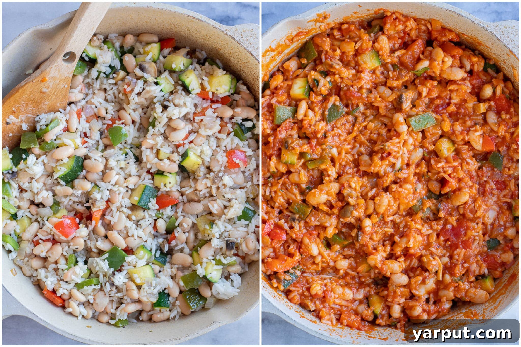 Veggie Pizza Bake with White Beans and Rice 4 Close-up of the vegetarian pizza casserole assembly process with marinara sauce and ingredients layered in a baking dish
