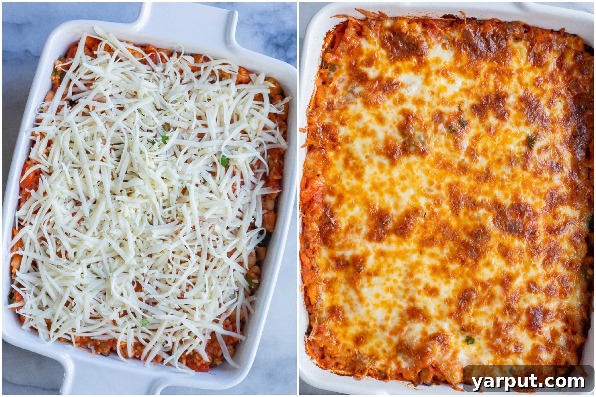 Veggie Pizza Bake with White Beans and Rice 5 Comparison image of vegetarian pizza casserole before and after baking, showcasing the transformation of raw ingredients to a golden, bubbly dish