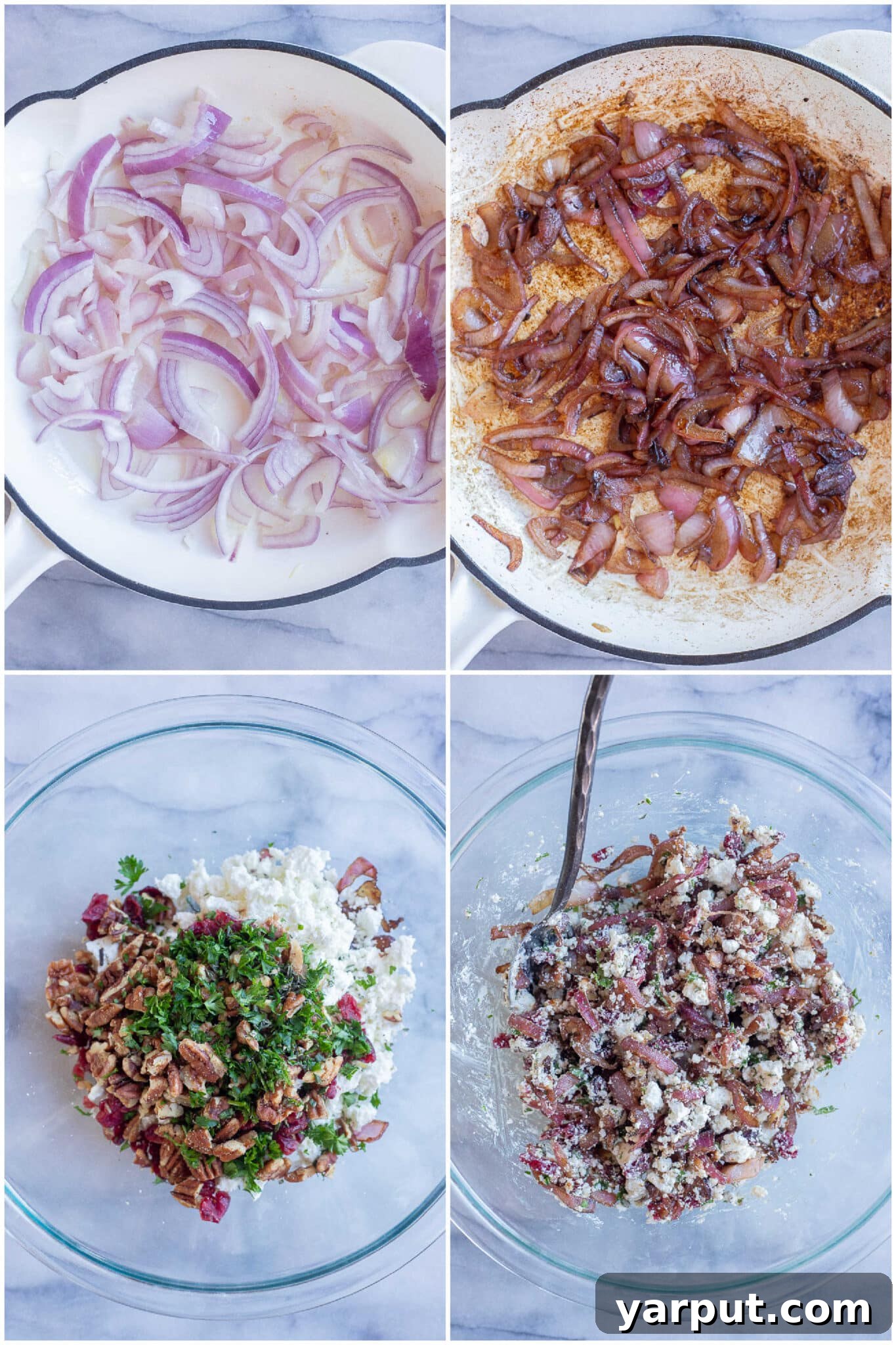 Caramelized Balsamic Onion and Goat Cheese Puffs 3 Process shots showing how to caramelize balsamic onions and then mix them into the goat cheese filling for the puff pastry bites.