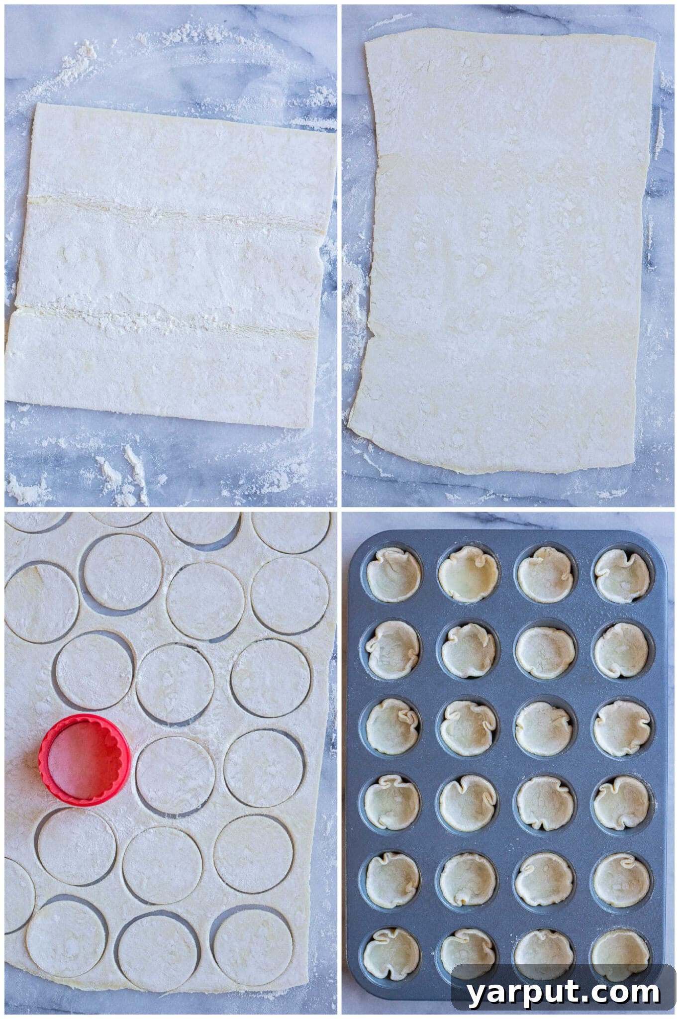 Caramelized Balsamic Onion and Goat Cheese Puffs 4 Step-by-step imagery demonstrating how to roll out puff pastry dough and cut it into equal-sized circles or squares for the pastry bites.