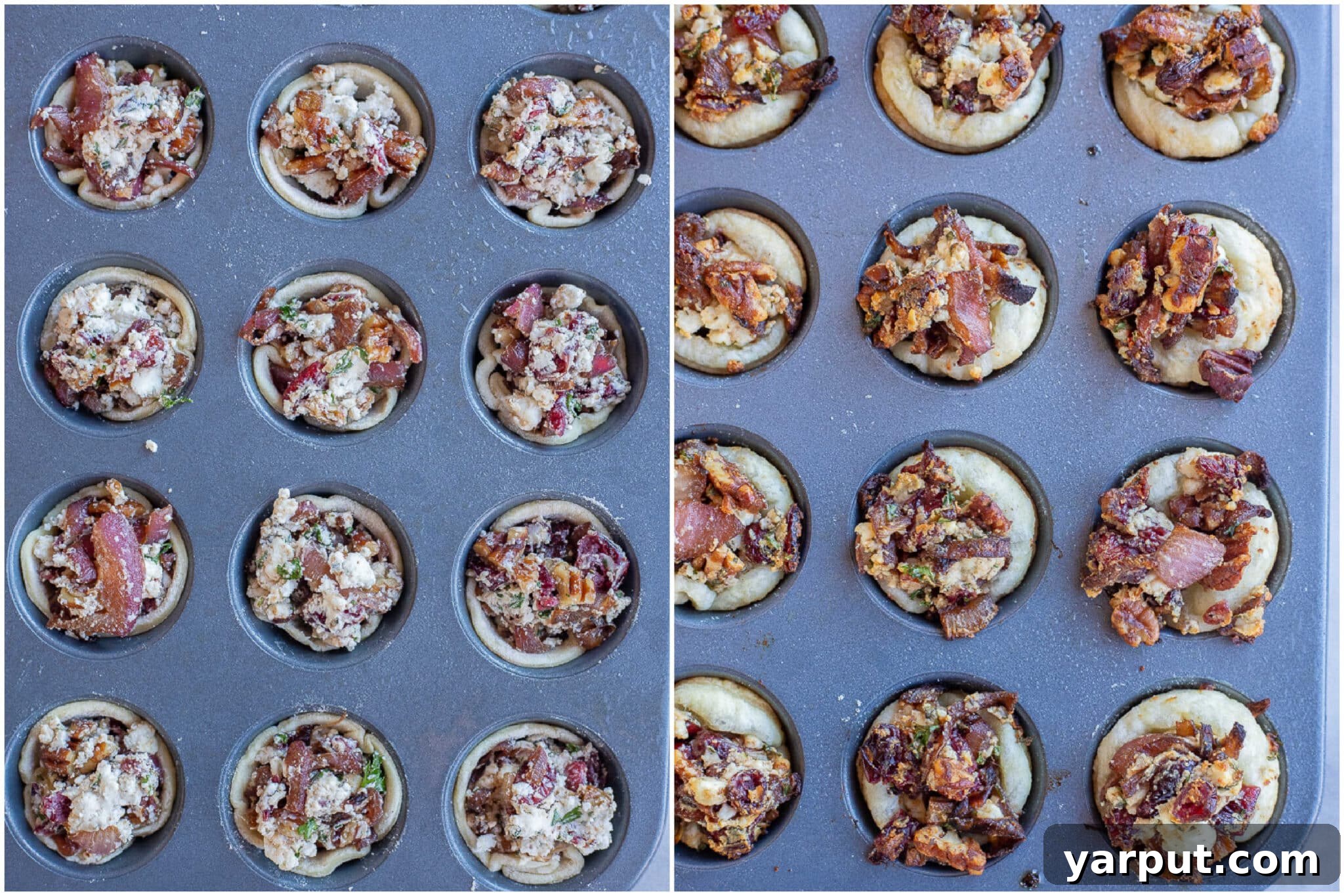 Caramelized Balsamic Onion and Goat Cheese Puffs 5 Before and after comparison of goat cheese puff pastry bites, showcasing them unbaked in the tin and then golden-brown and fully baked.