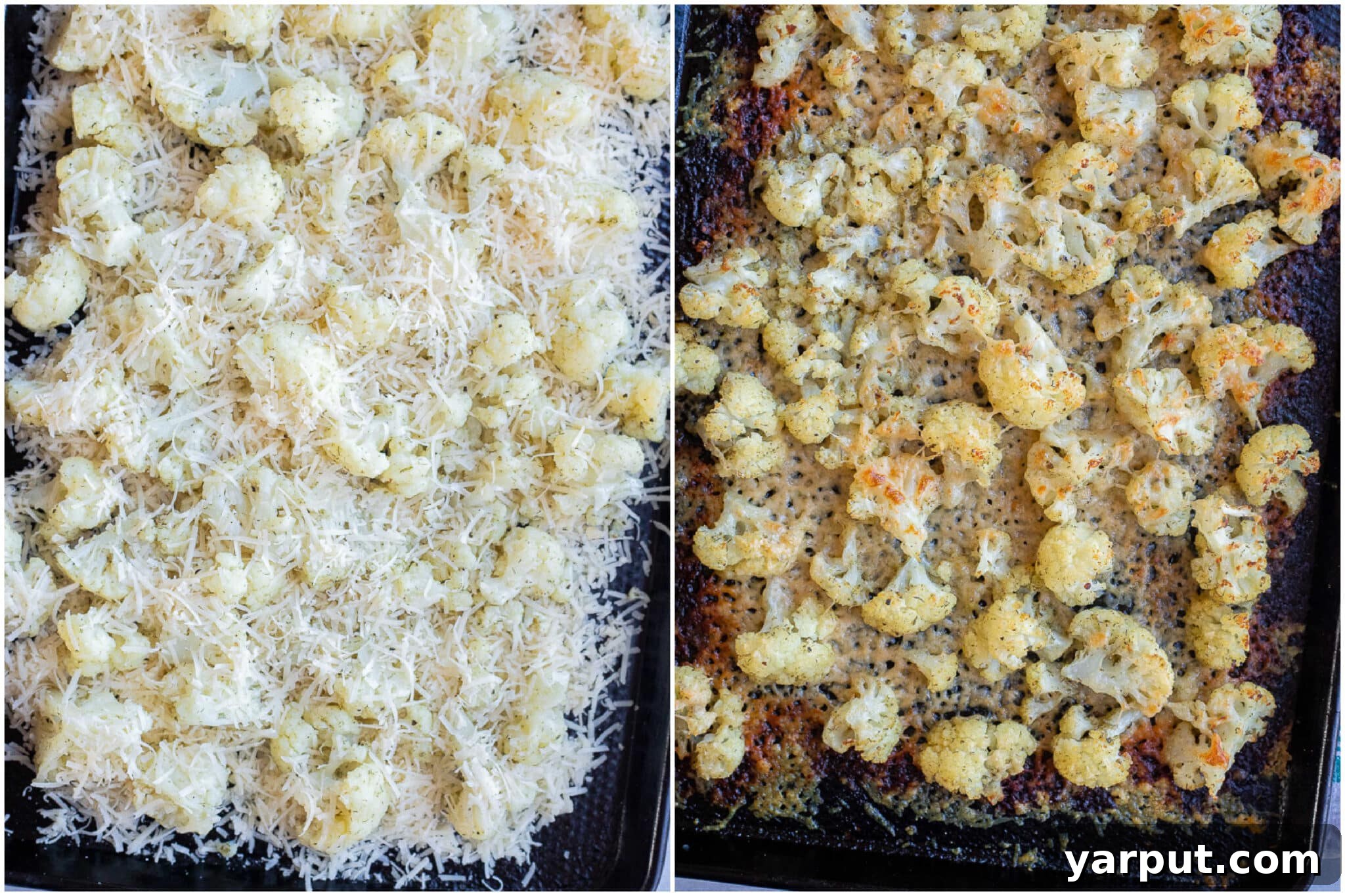 Crispy Ranch Parmesan Cauliflower 5 Parmesan Ranch Crusted Cauliflower on a baking sheet