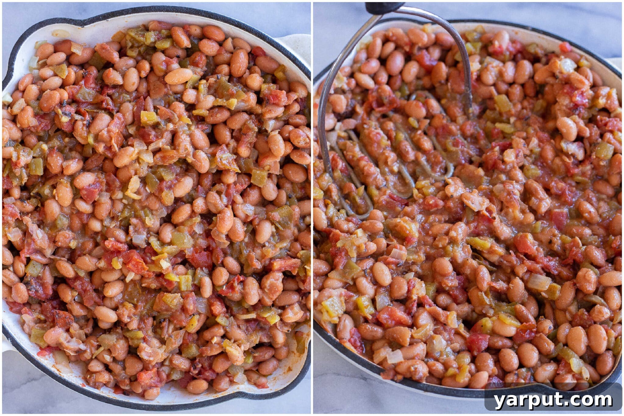 Southwestern Cheesy Green Chile Pintos 3 Step-by-step preparation of Cheesy Green Chile Pinto Beans, combining pinto beans, green chiles, and fire-roasted tomatoes in a skillet.