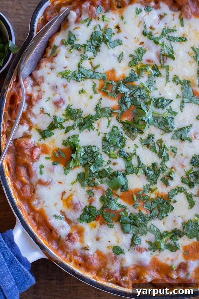 Southwestern Cheesy Green Chile Pintos 5 Close-up view of a skillet filled with bubbling Cheesy Green Chile Pinto Beans, generously topped with fresh chopped cilantro.