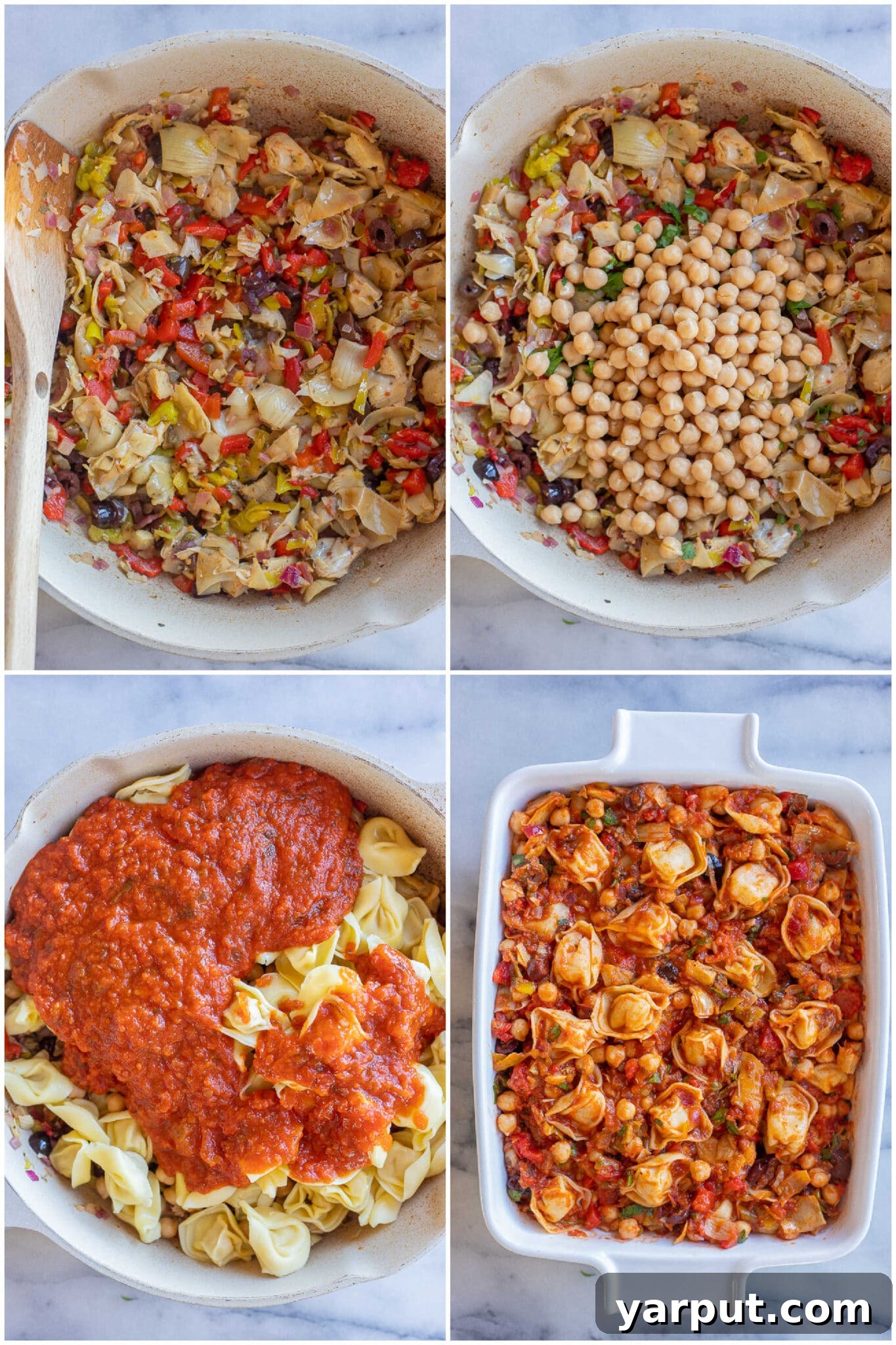 Mediterranean Tortellini Casserole 4 showing how to assemble this Greek tortellini bake with chickpeas