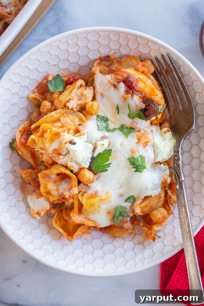 Mediterranean Tortellini Casserole 7 dinner bowl of cheesy tortellini bake