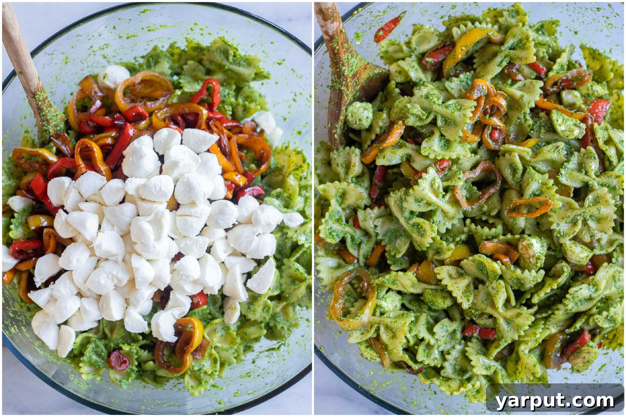 Vibrant Holiday Pesto Pasta Salad 5 A visually appealing side-by-side comparison of the ingredients before and after mixing for the Christmas pesto pasta salad.