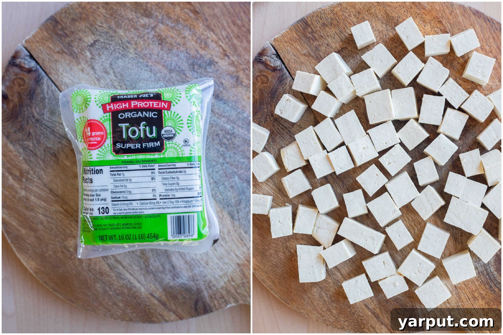 Step-by-step image showing the dicing process for super firm high-protein tofu, emphasizing preparation before marination.
