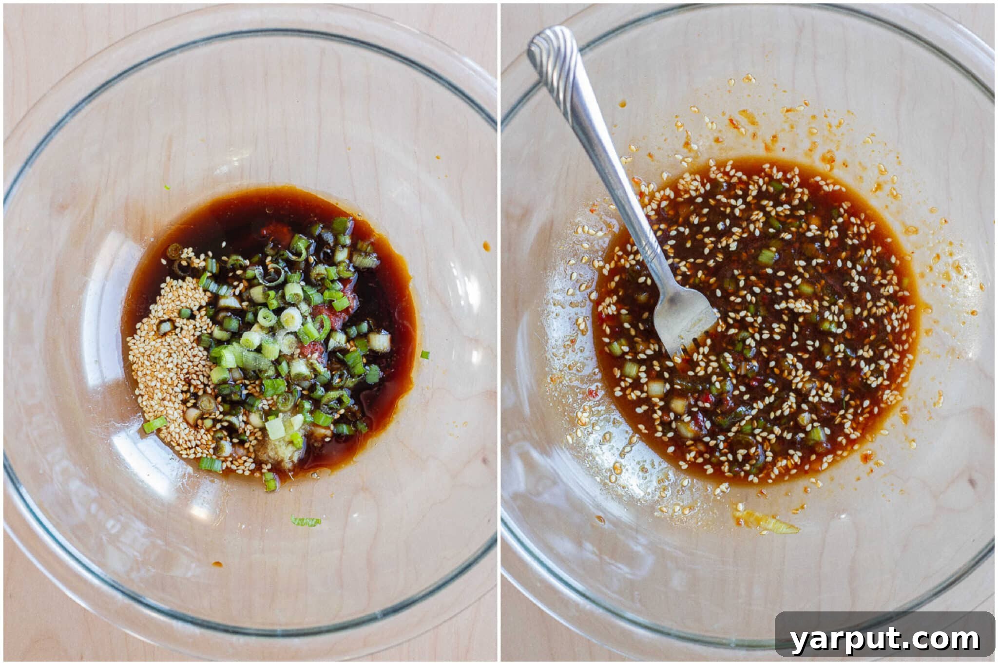 A hand mixing the vibrant tamari-based marinade ingredients in a bowl, showing the beginning steps of creating the flavorful tofu recipe.