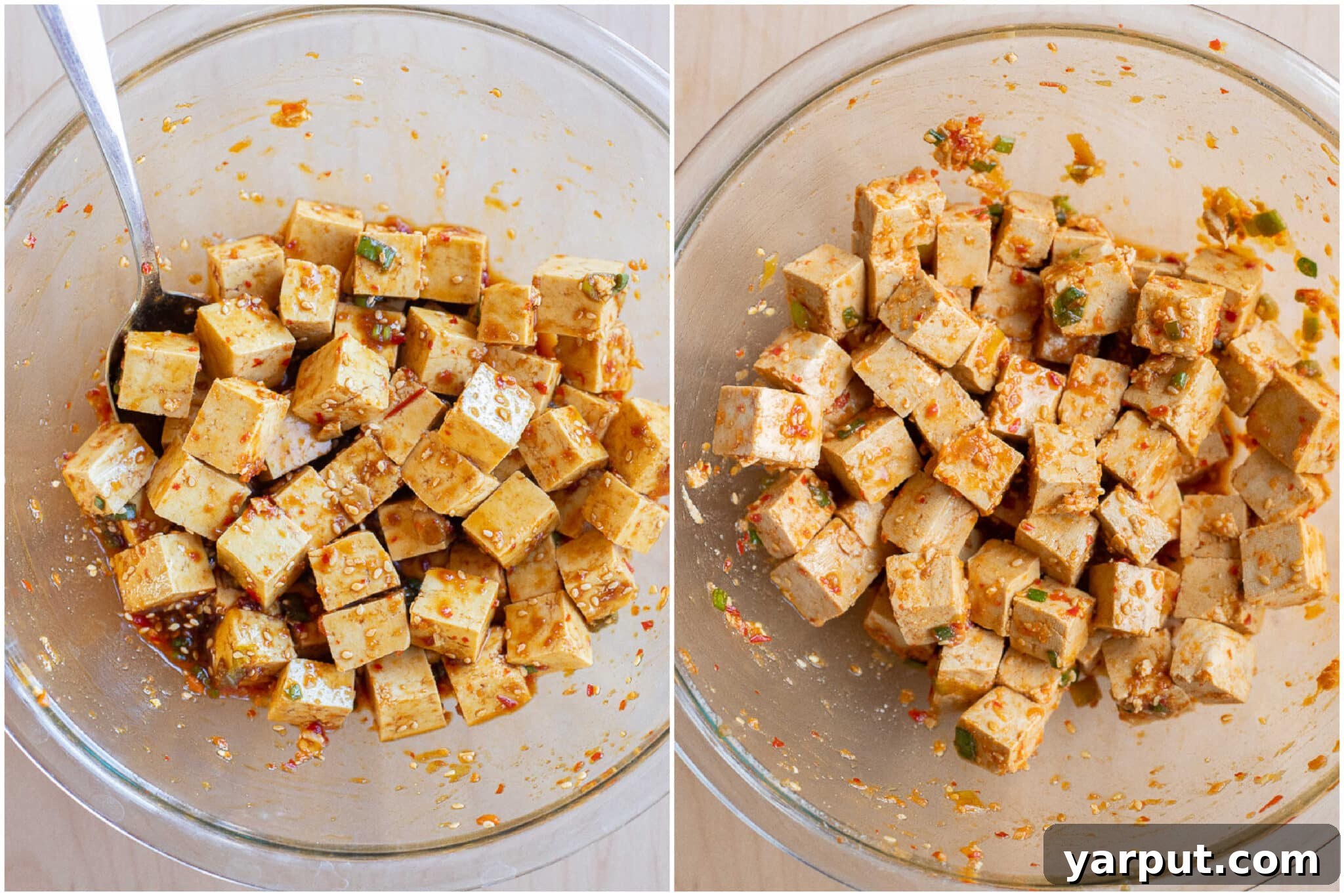 A side-by-side comparison of easy marinated tofu before and after 24 hours of refrigeration, showcasing the change in color and absorption of the marinade.
