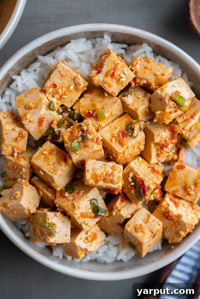 A bowl of spicy marinated tofu served alongside white rice, showcasing a complete and satisfying meal idea.