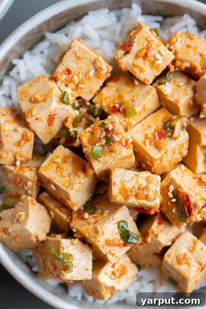 Close-up of a delicious vegan marinated tofu recipe, showcasing the vibrant texture and the rich flavors absorbed by the tofu, served elegantly with rice.