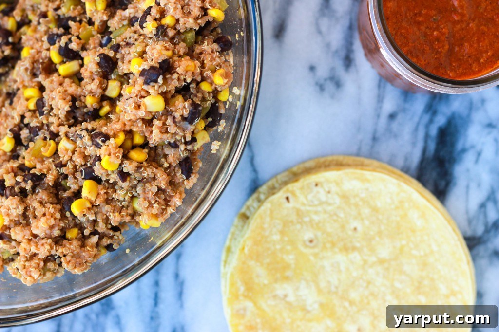 Vibrant Gluten-Free Quinoa and Black Bean Enchiladas with Green Chiles and Roasted Red Pepper Sauce 3 Close-up of freshly baked Quinoa Black Bean & Green Chili Enchiladas