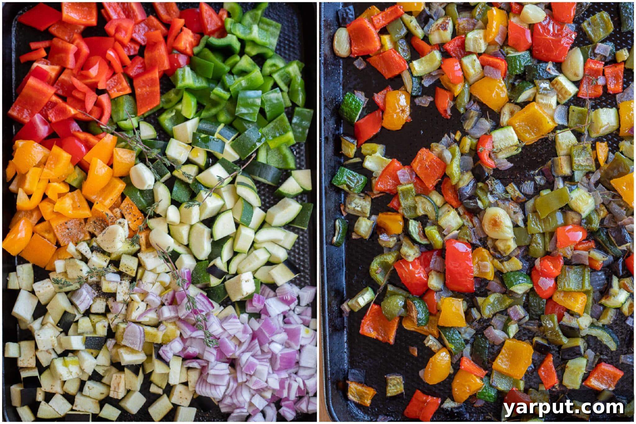 Provençal Roasted Ratatouille Soup 3 traditional ratatouille vegetables before and after they've been roasted in the oven
