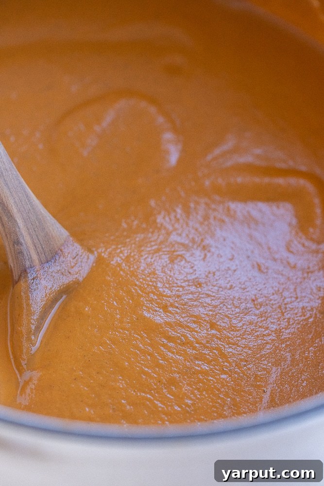 Provençal Roasted Ratatouille Soup 5 close up of this creamy roasted vegetable soup in a pot with a wooden spoon