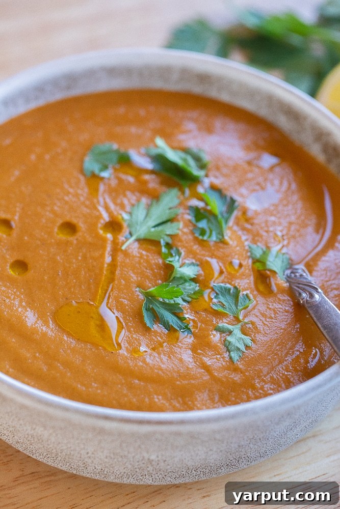 Provençal Roasted Ratatouille Soup 7 close up of roasted red pepper and eggplant soup