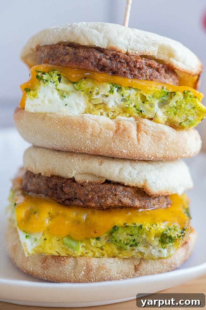 Two deliciously stacked high-protein vegetarian breakfast sandwiches on a rustic surface, ready for a healthy start to the day.