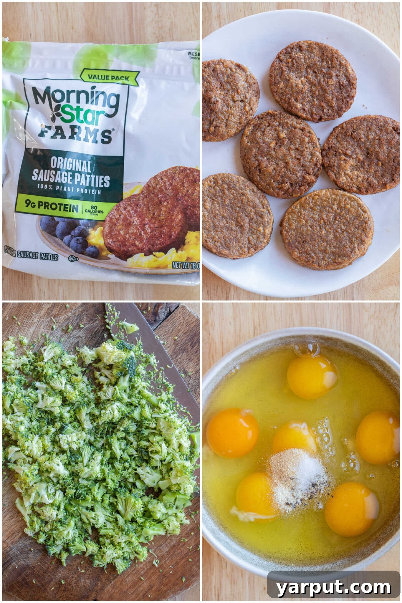 All the fresh ingredients laid out for making delicious protein-packed vegetarian breakfast sandwiches, including eggs, broccoli, cheese, and English muffins.