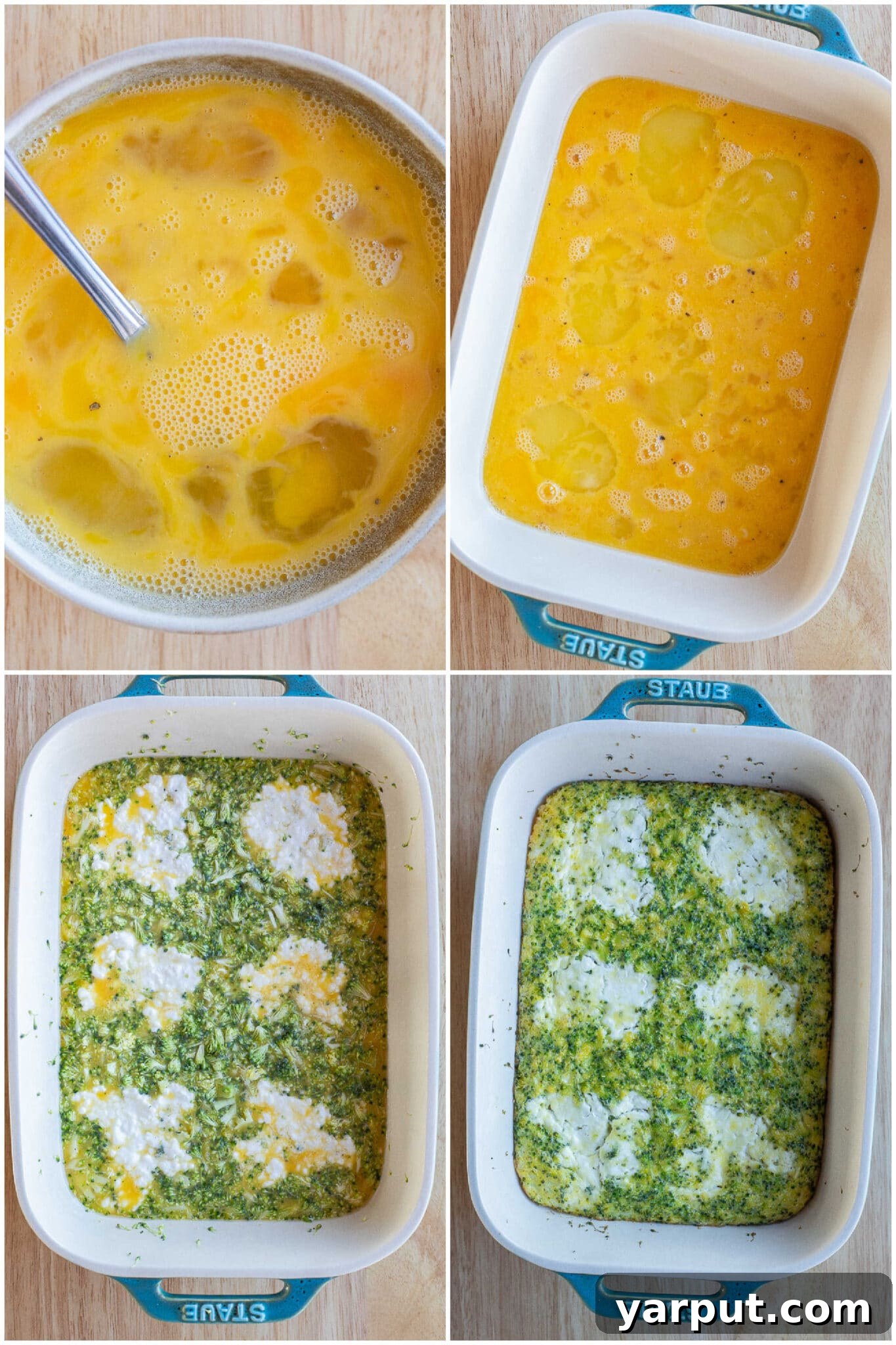 Step-by-step imagery showing how to prepare the broccoli cottage cheese egg bake for breakfast sandwiches.