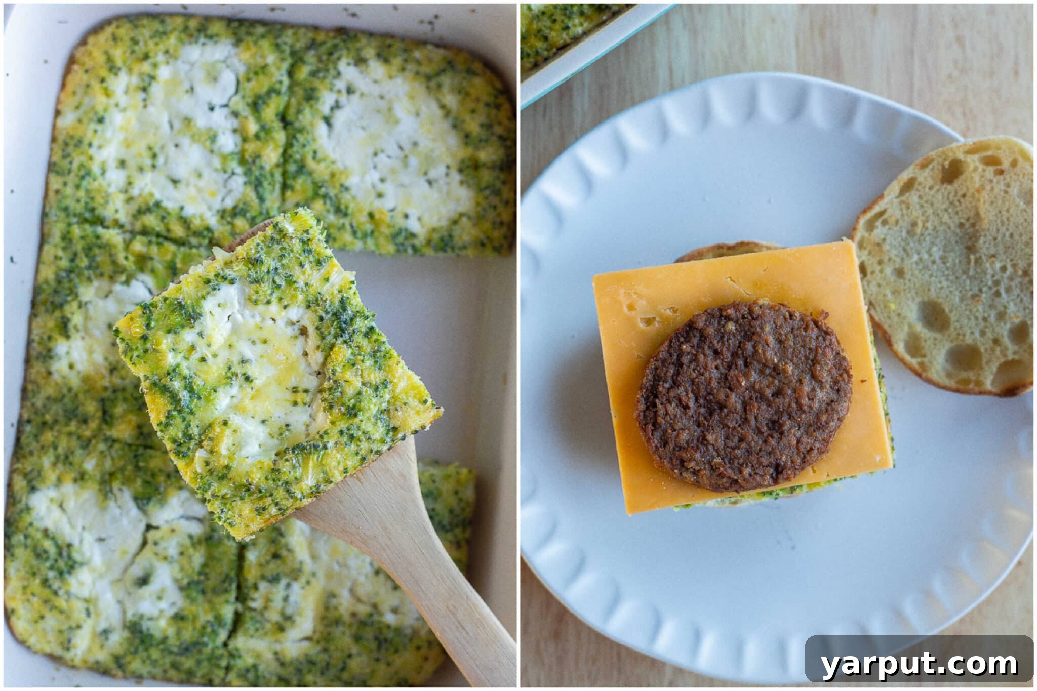 A step-by-step visual guide demonstrating how to assemble the high-protein vegetarian breakfast sandwiches with toasted English muffins, egg bake, cheese, and sausage.