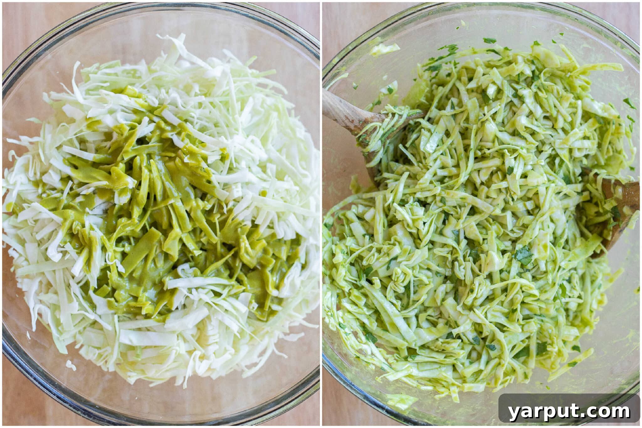 Zesty Cilantro-Lime Slaw 5 A large bowl of shredded green cabbage being mixed with the creamy cilantro lime dressing.