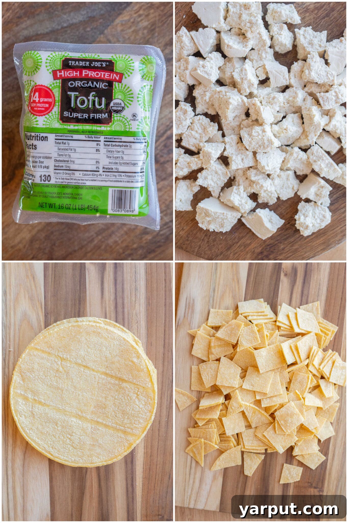 Hearty Tofu Black Bean Skillet Enchiladas 3 Step-by-step image showing how to break firm tofu into bite-sized chunks and cut corn tortillas into pieces for the enchilada skillet.