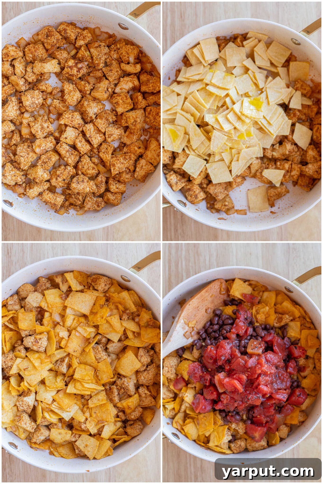 Hearty Tofu Black Bean Skillet Enchiladas 4 A visual guide depicting the assembly process of the tofu and black bean enchilada skillet, from layering ingredients to preparation for baking.