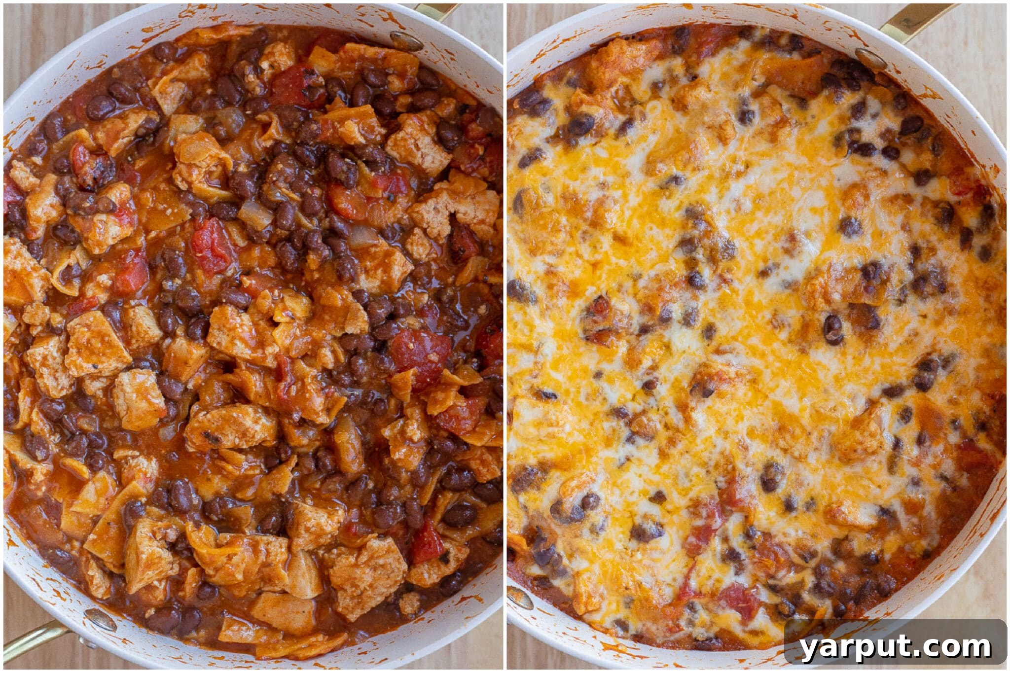 Hearty Tofu Black Bean Skillet Enchiladas 5 Before and after images of the tofu and black bean skillet enchiladas, showcasing the golden, bubbling cheese after baking in the oven.