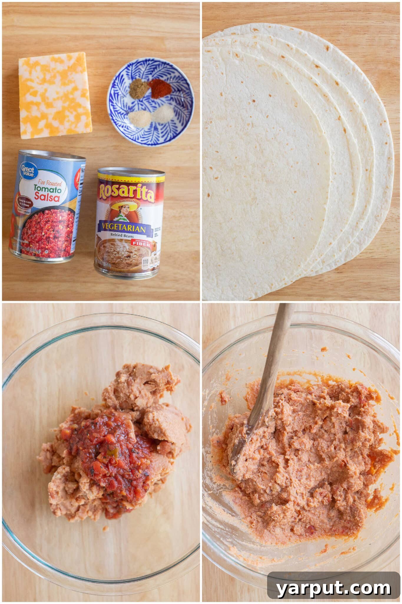 showing all the ingredients needed to make these cheap and easy bean and cheese burritos laid out on a wooden surface
