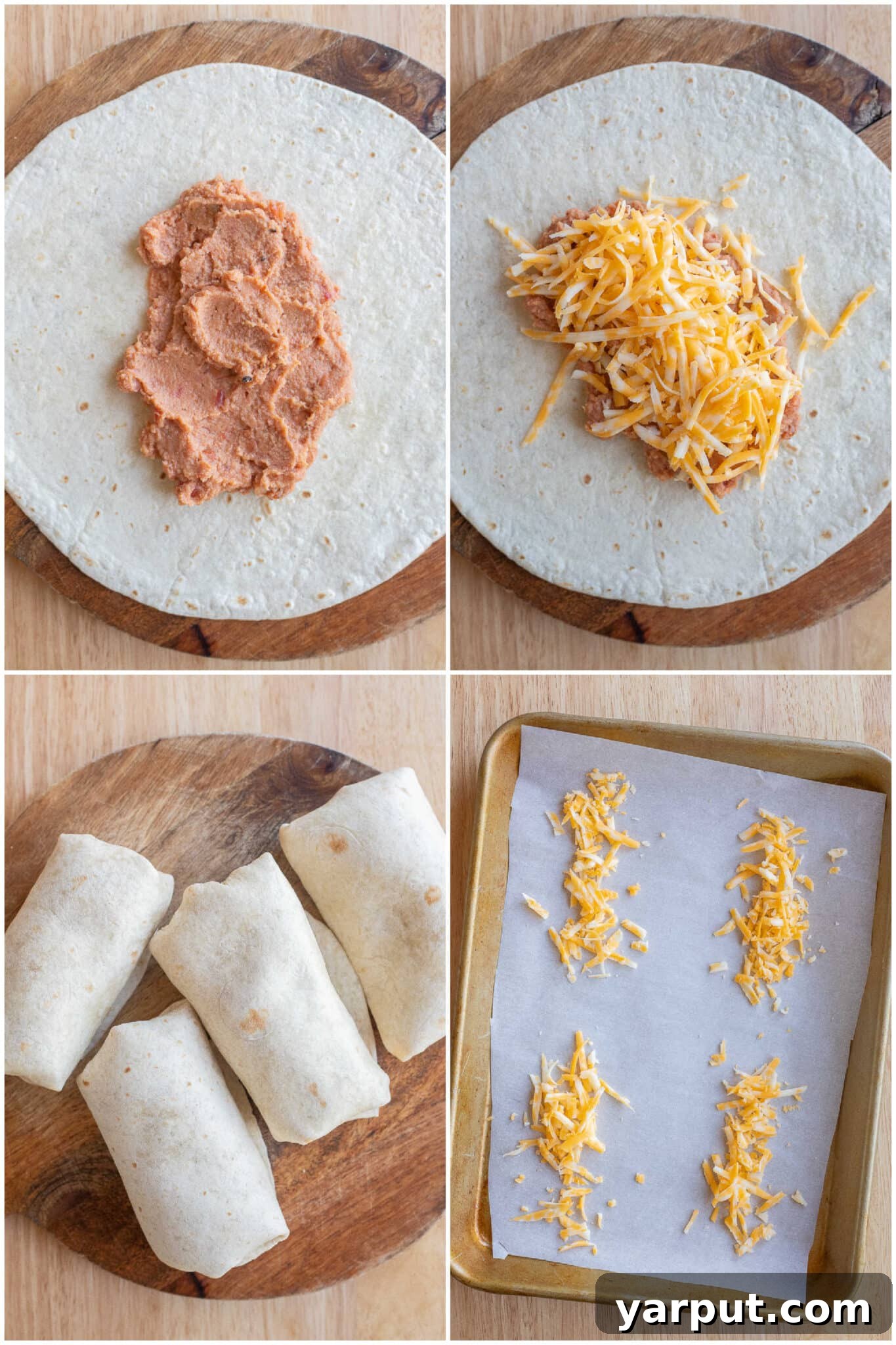 showing how to assemble these vegetarian bean burritios step by step on a cutting board with ingredients