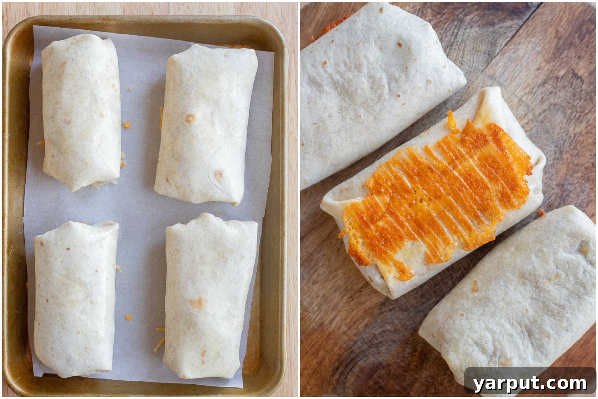 bean and cheese burritos before and after they've been baked in the oven, showing the crispy bottoms and melted tops