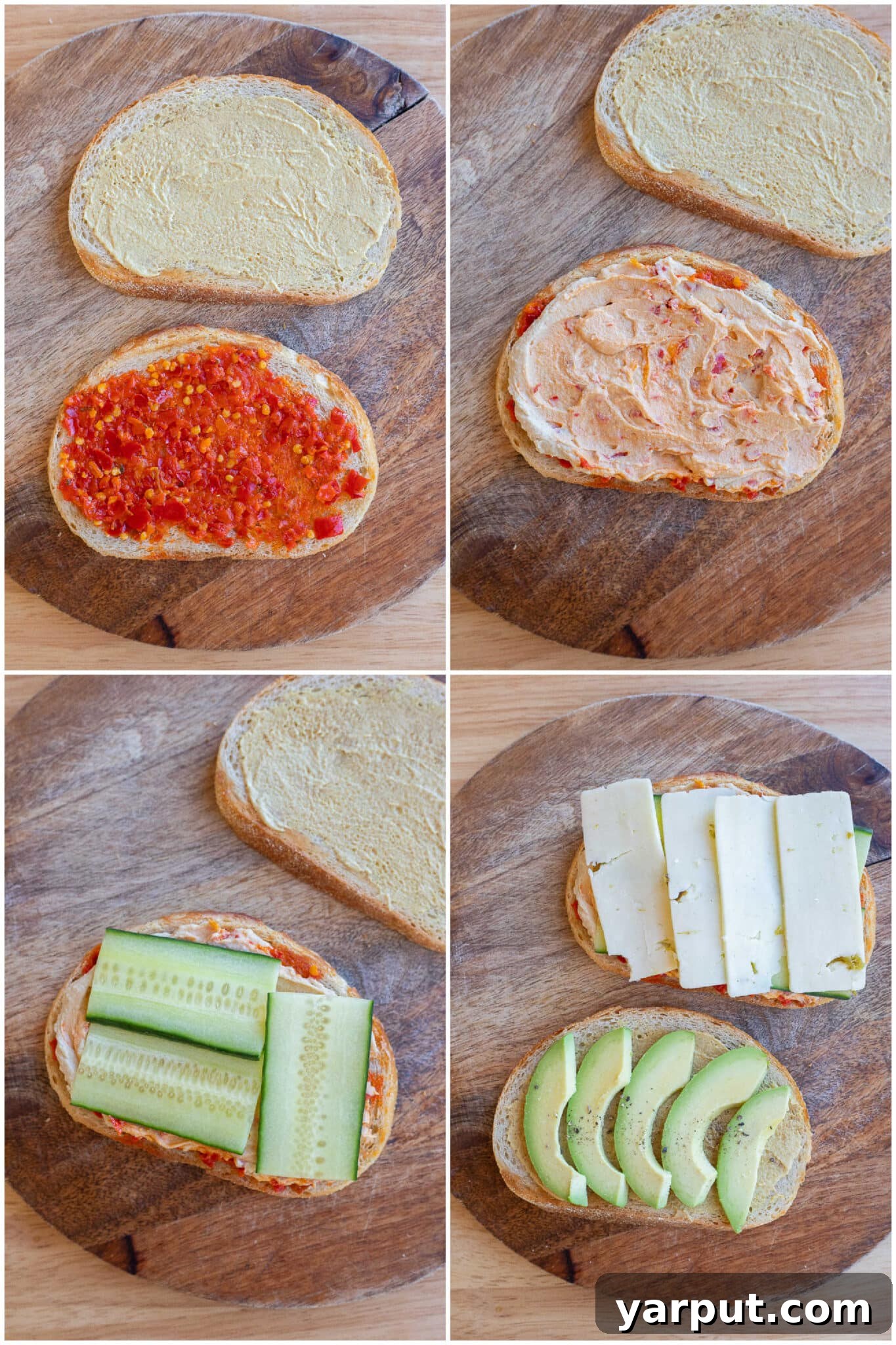 A step-by-step image guide demonstrating how to assemble these easy vegetarian sandwiches, showing layers of ingredients.