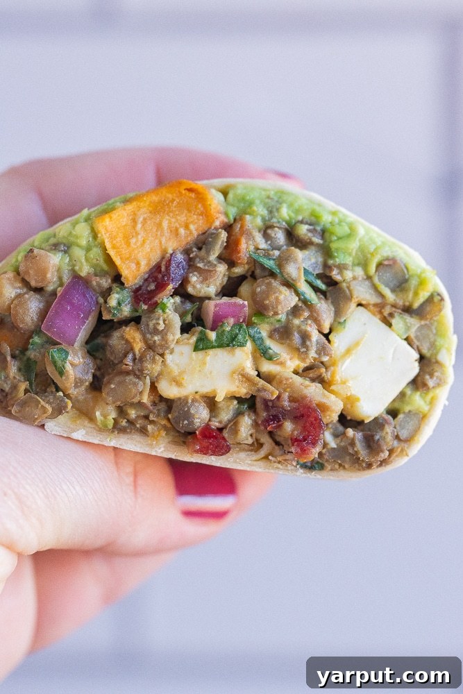 Golden Sweet Potato and Curried Lentil Wraps 2 close up of a hand holding a curry lentil wrap with roasted sweet potatoes