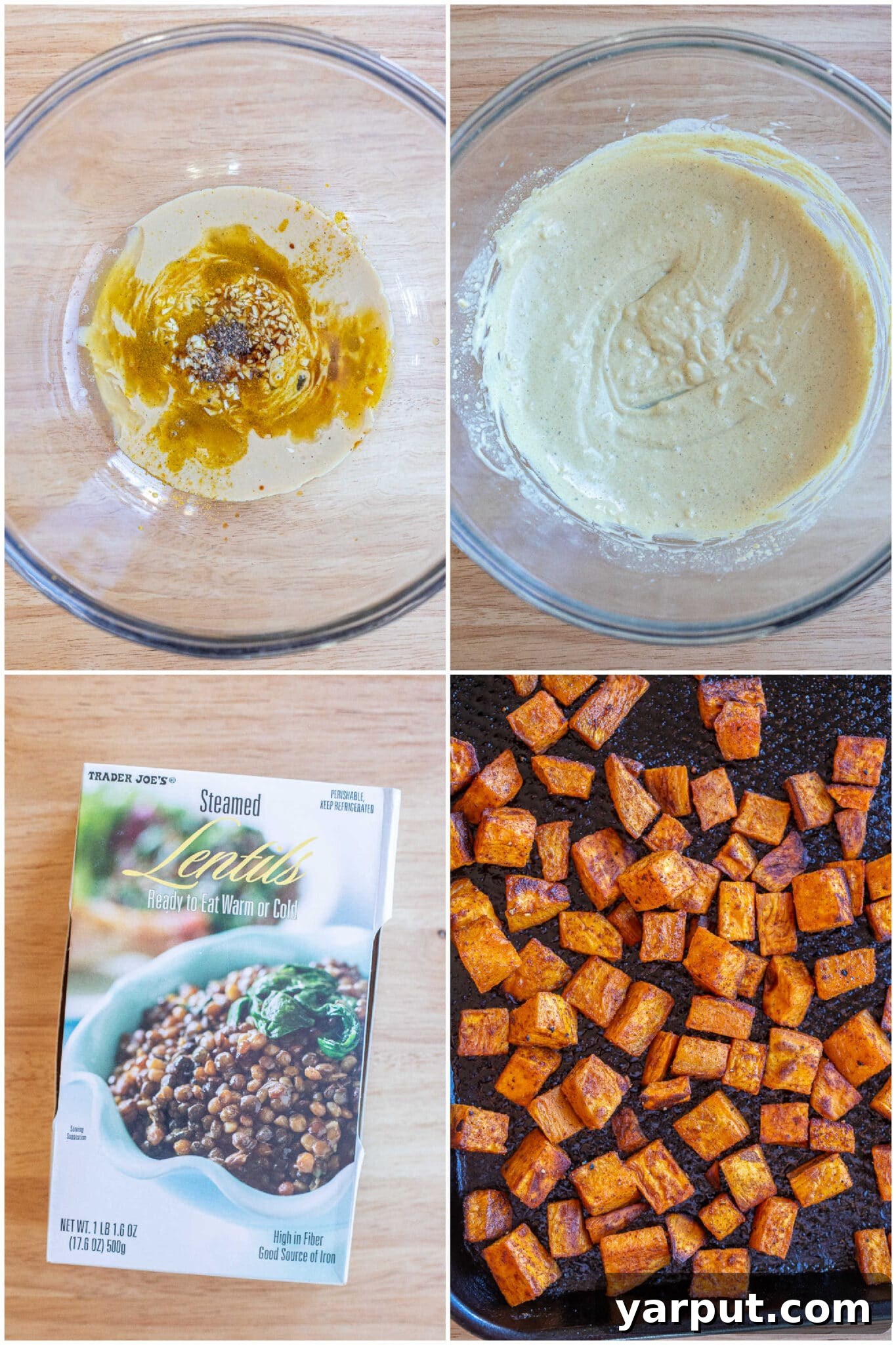 Golden Sweet Potato and Curried Lentil Wraps 3 showing how to make the curry tahini dressing and roasted sweet potatoes