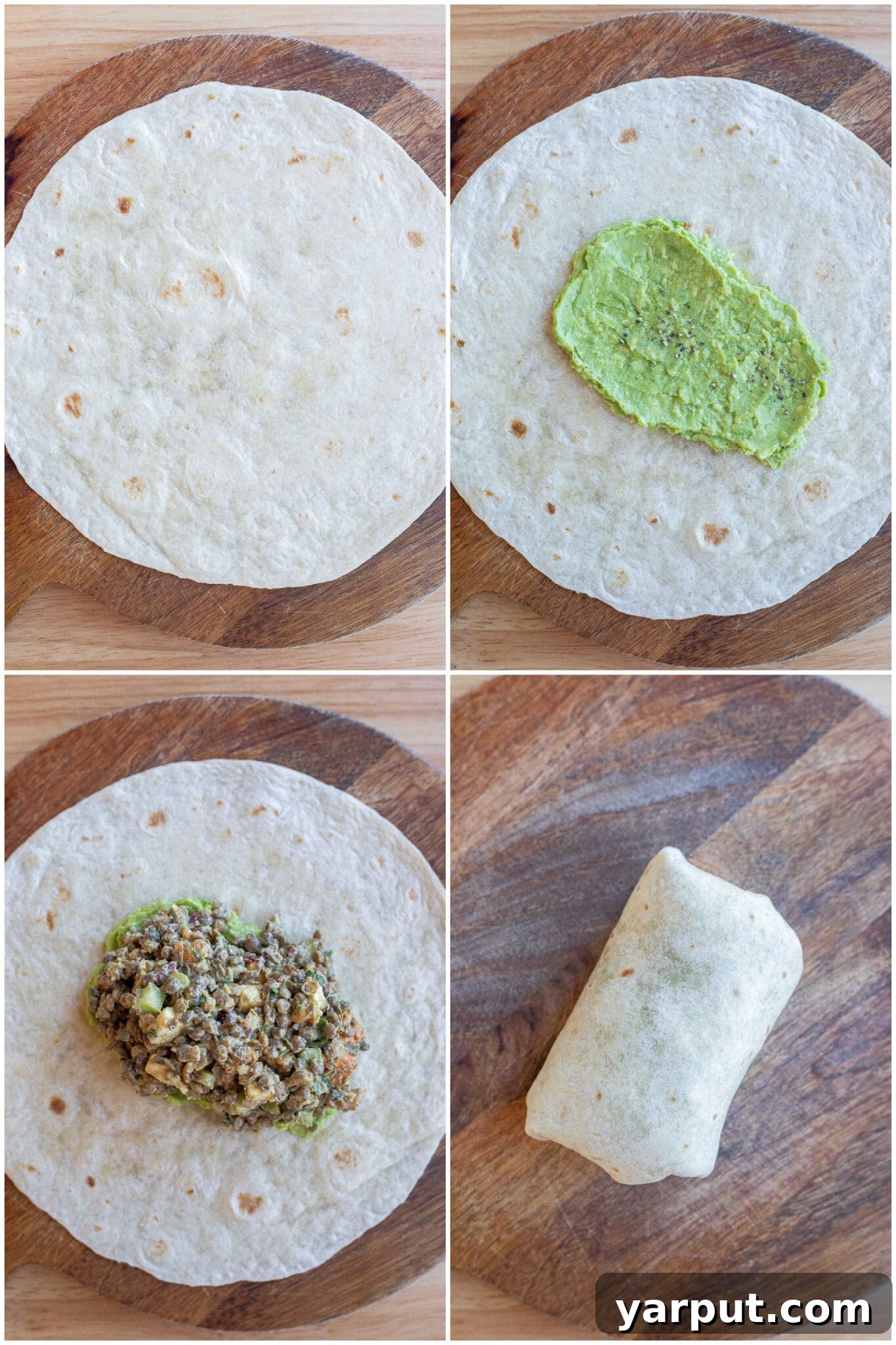 Golden Sweet Potato and Curried Lentil Wraps 5 showing how to make a curried lentil wrap with roasted sweet potato