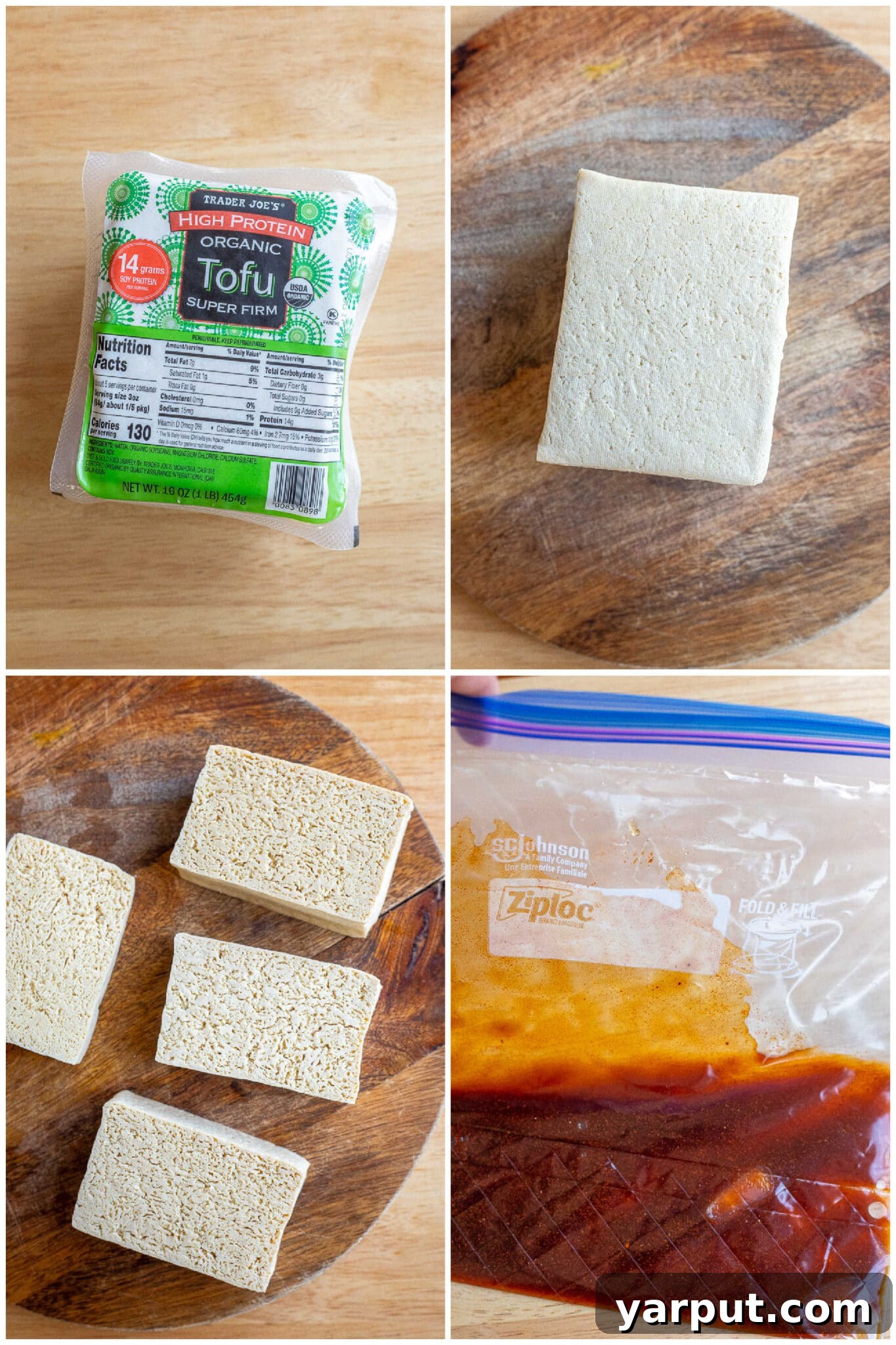 Buttery Garlic Herb Tofu Steaks 3 Image demonstrating the simple steps to make smoky marinated tofu, showing the tofu pieces soaking in the marinade in a clear container