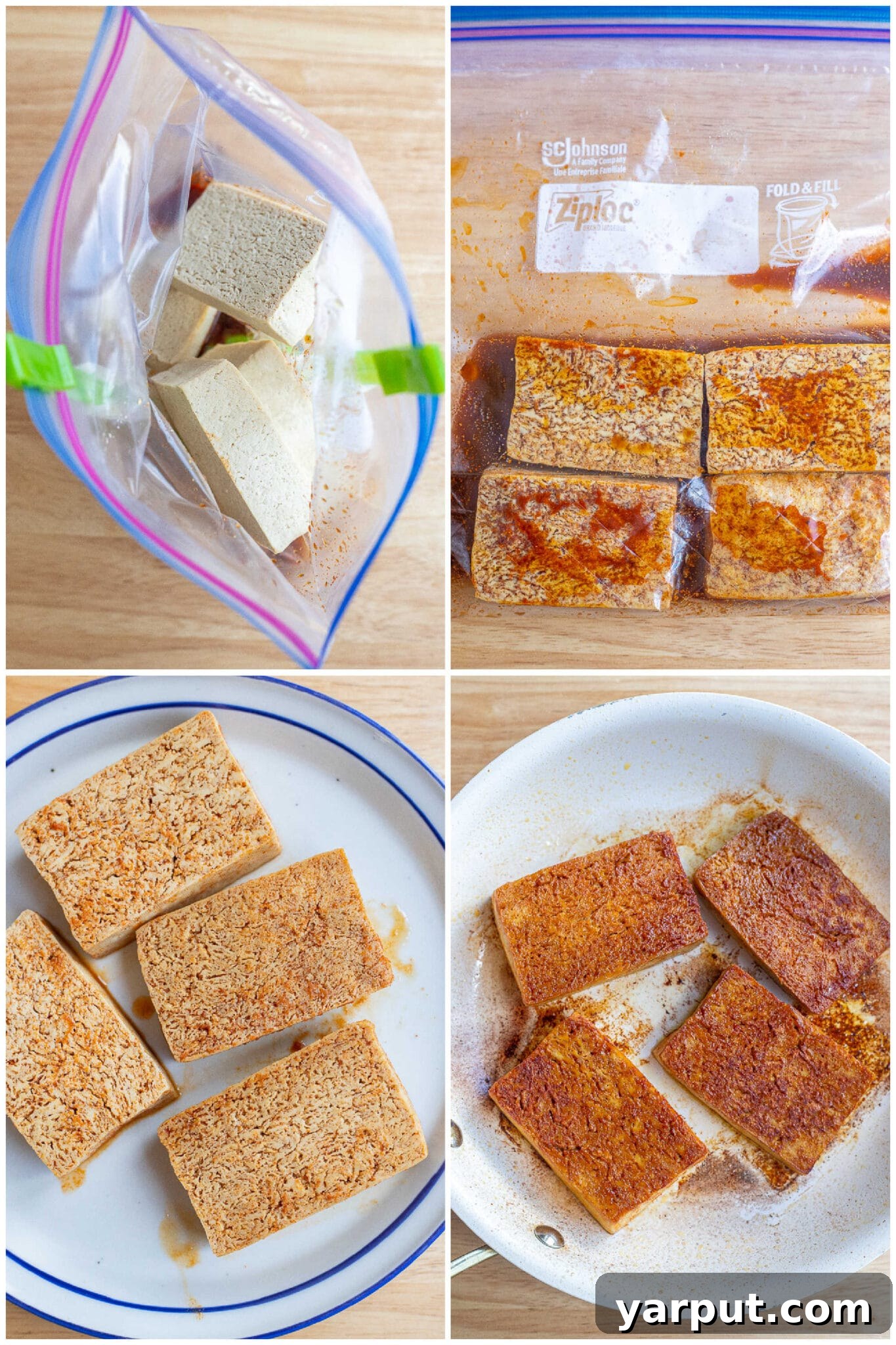 Buttery Garlic Herb Tofu Steaks 4 Image illustrating how to properly marinate tofu after it has been frozen and thawed for enhanced texture and flavor absorption