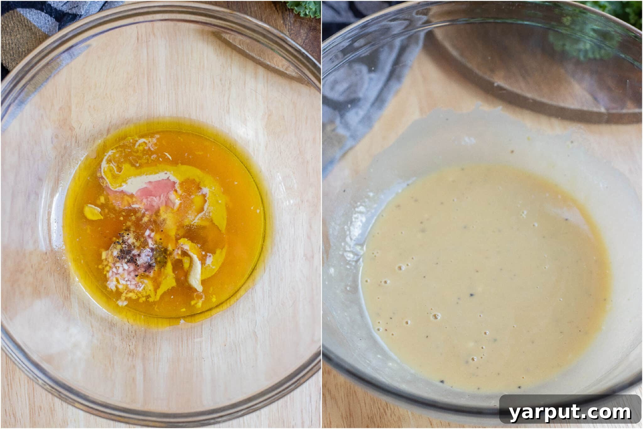 showing how to make the easy tahini dressing with lemon juice and red wine vinegar in a bowl