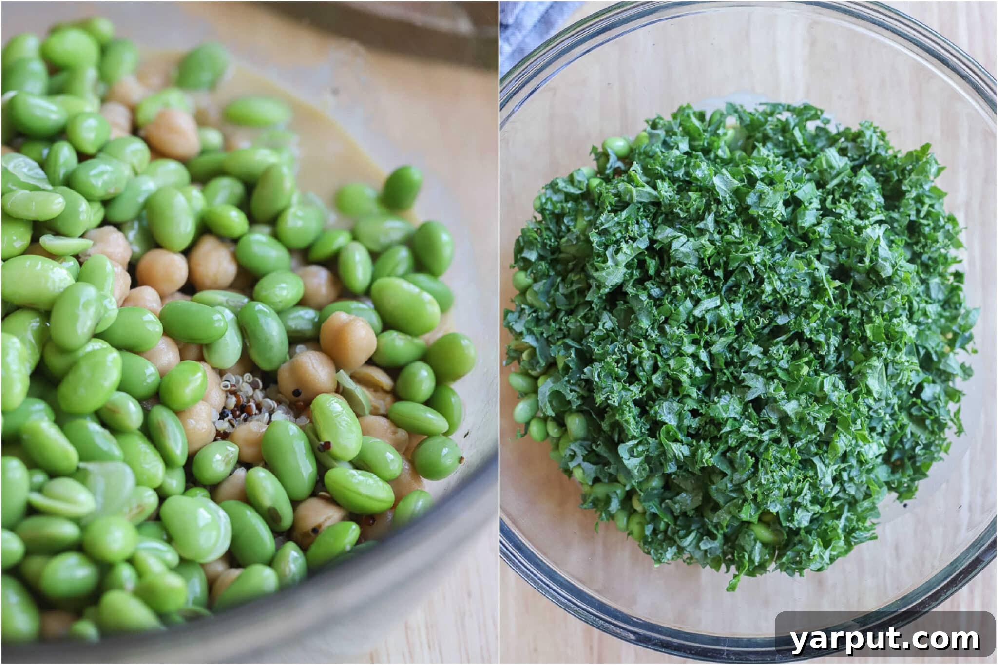 showing how to make this easy edamame and chickpea salad with chopped kale and other vegetables