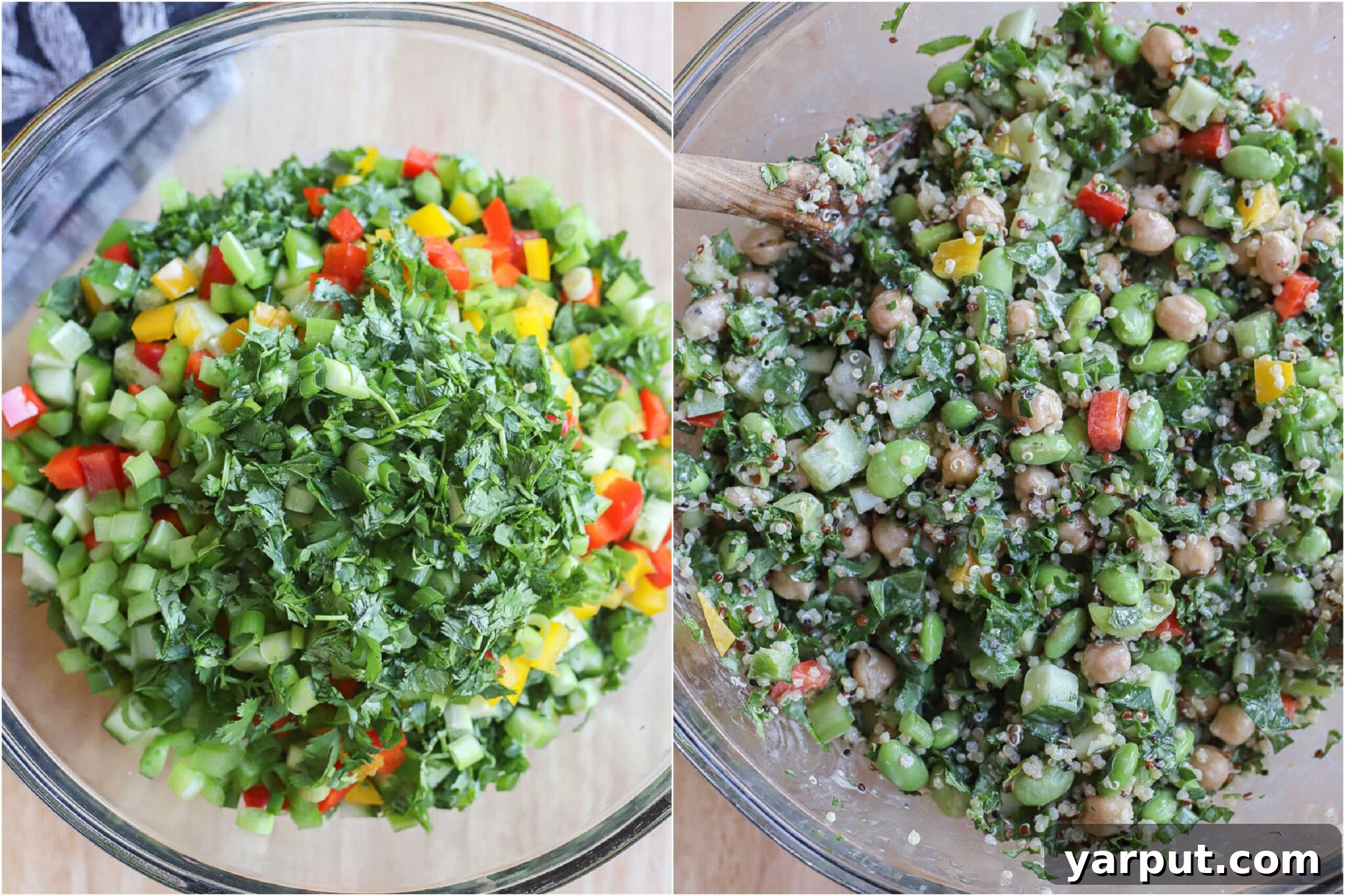 edamame chickpea and quinoa salad before and after it has been mixed up in a large bowl