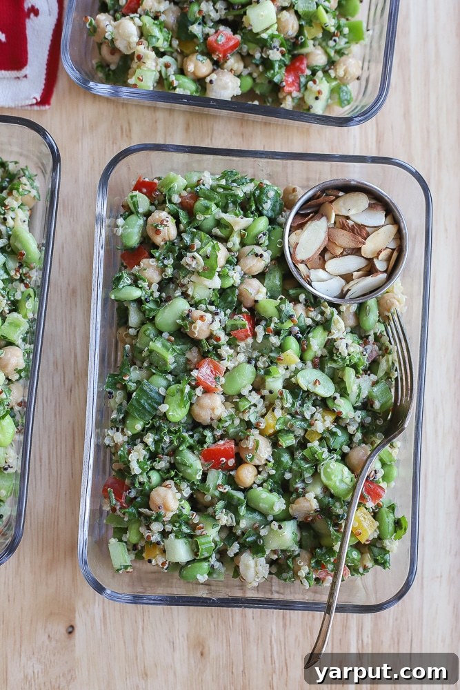 vegan meal prep lunches in their containers, showcasing the chickpea edamame salad