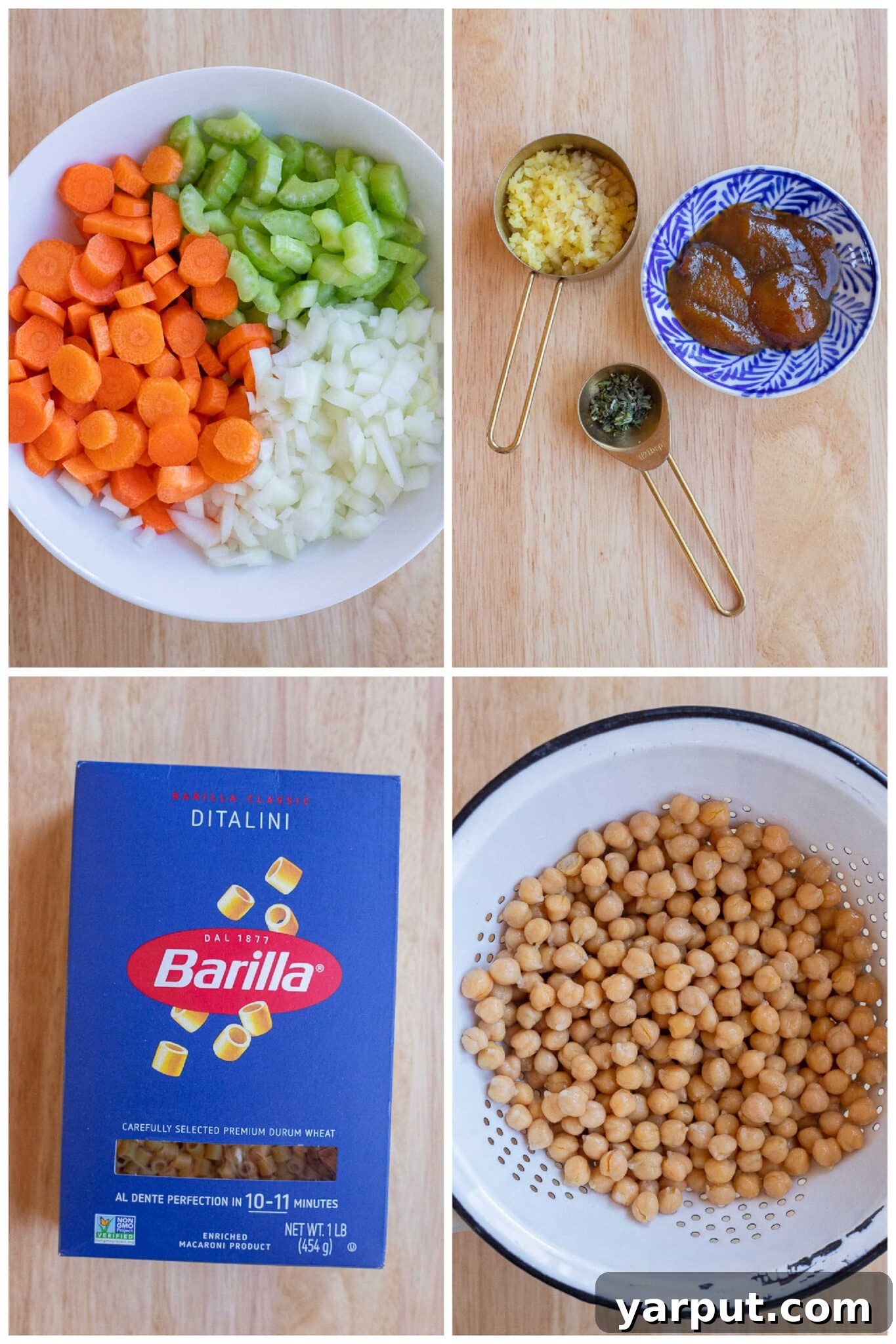 showing all the ingredients needed to make this vegan chicken noodle soup