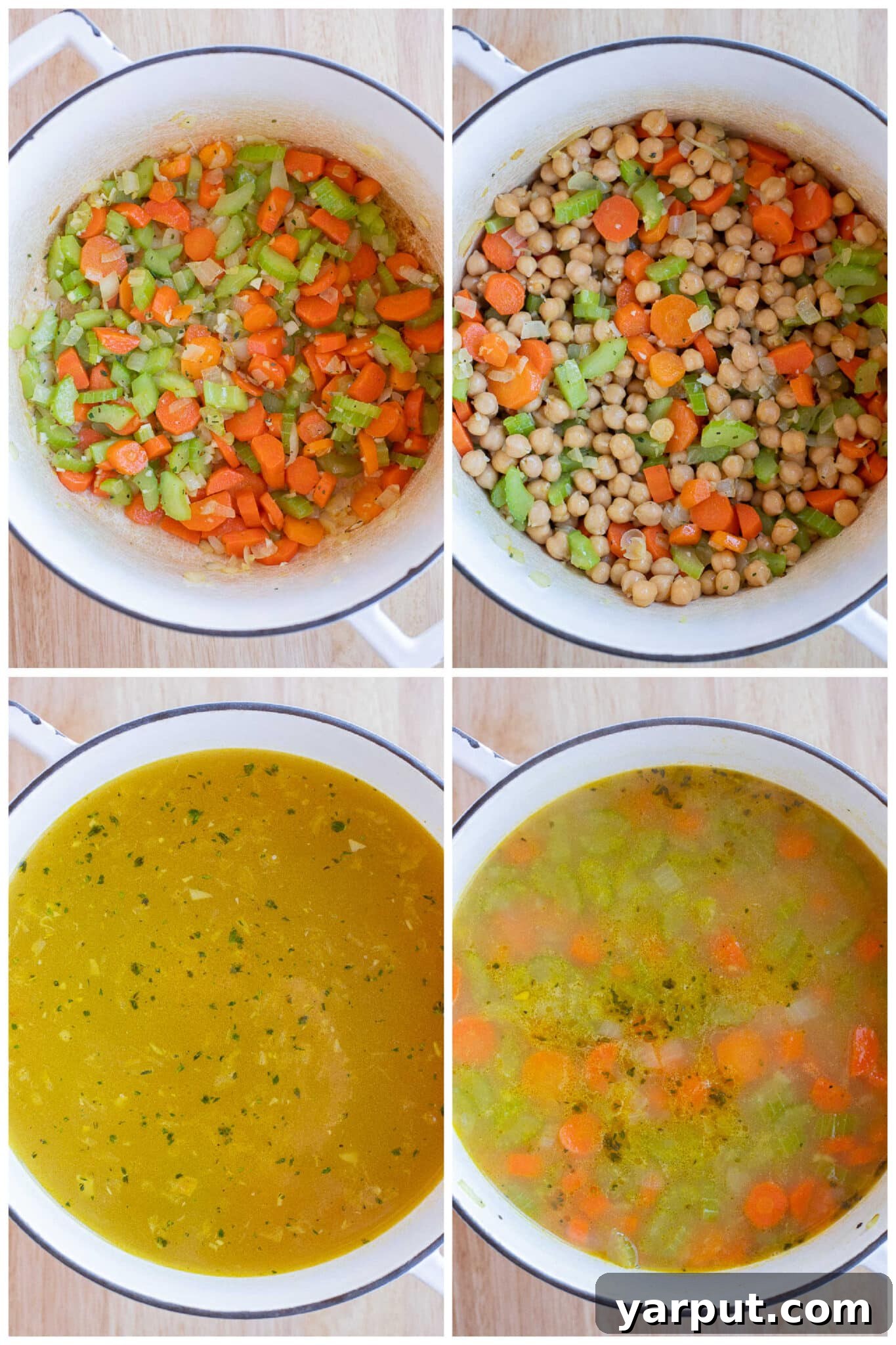 showing how to cook the veggies and add in the broth for this healthy vegetarian soup