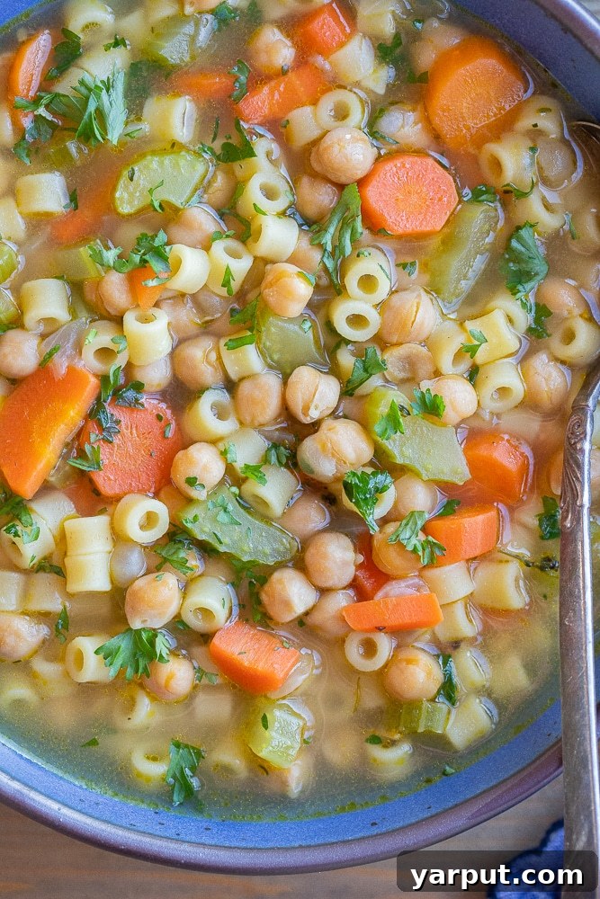 close up of a bowl of vegan chickpea noodle soup with vegetables