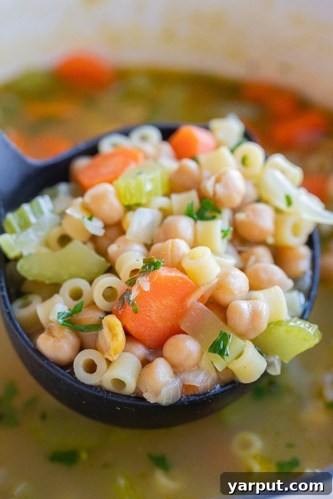 a black ladle holding a big spoonful of this chickpea noodle soup