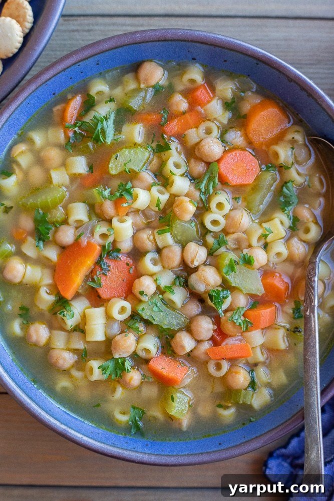 vegetarian chickpea noodle soup in a bowl with a soup spoon
