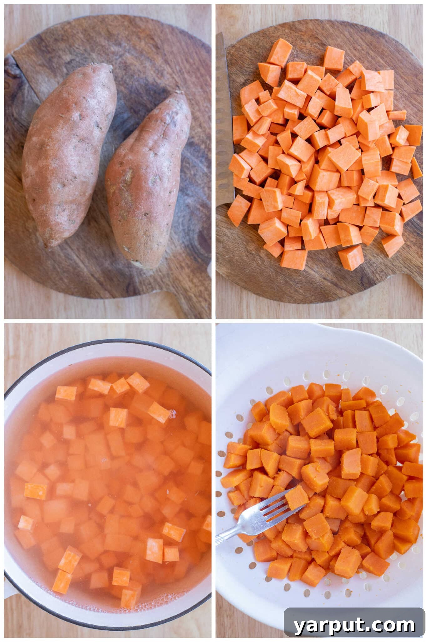 Roasted Sweet Potato Tacos 3 showing how to make crispy seasoned sweet potatoes by boiling them before cooking