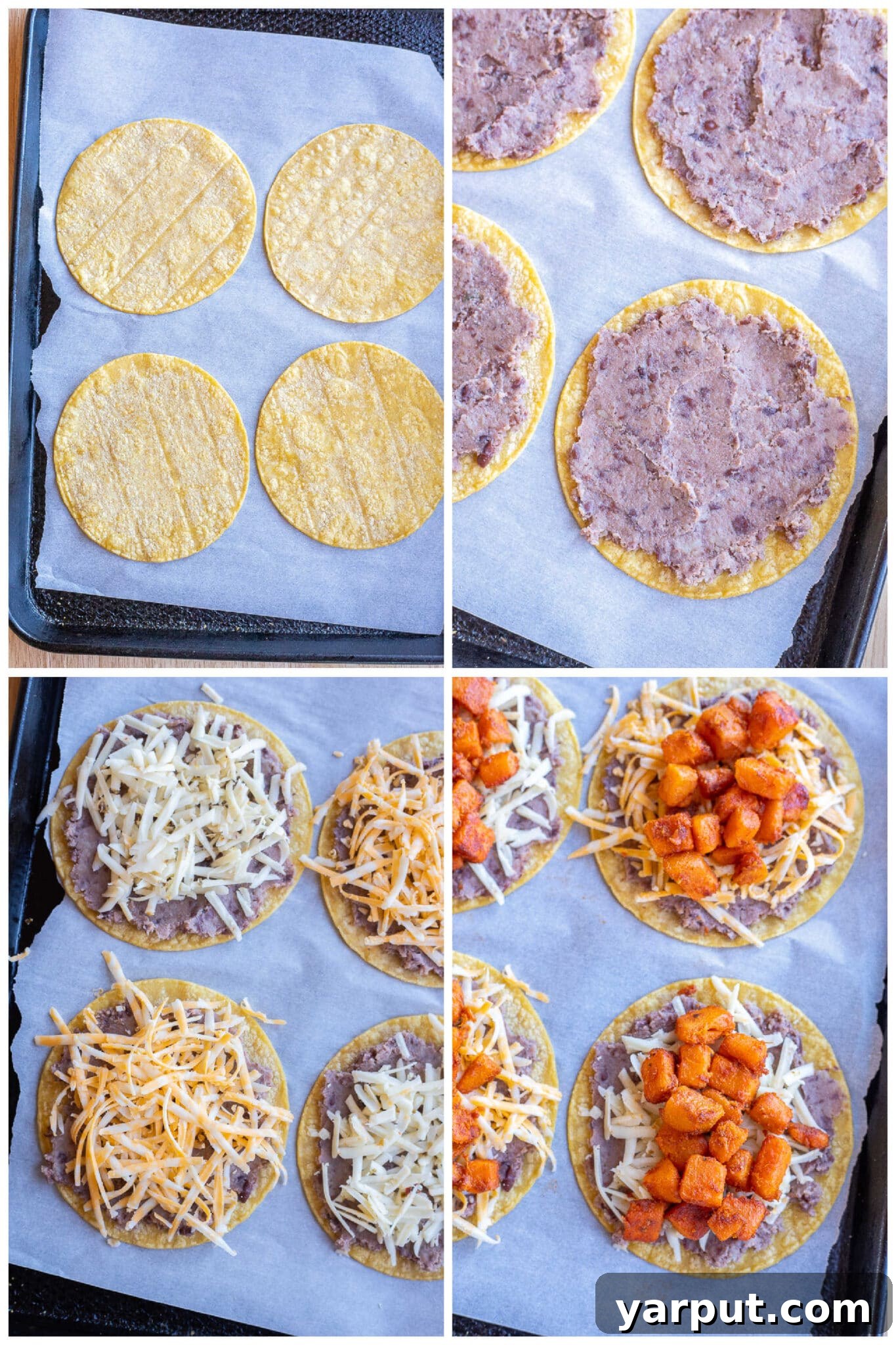 Roasted Sweet Potato Tacos 5 showing how to assemble these vegetarian sweet potato tacos with beans and cheese