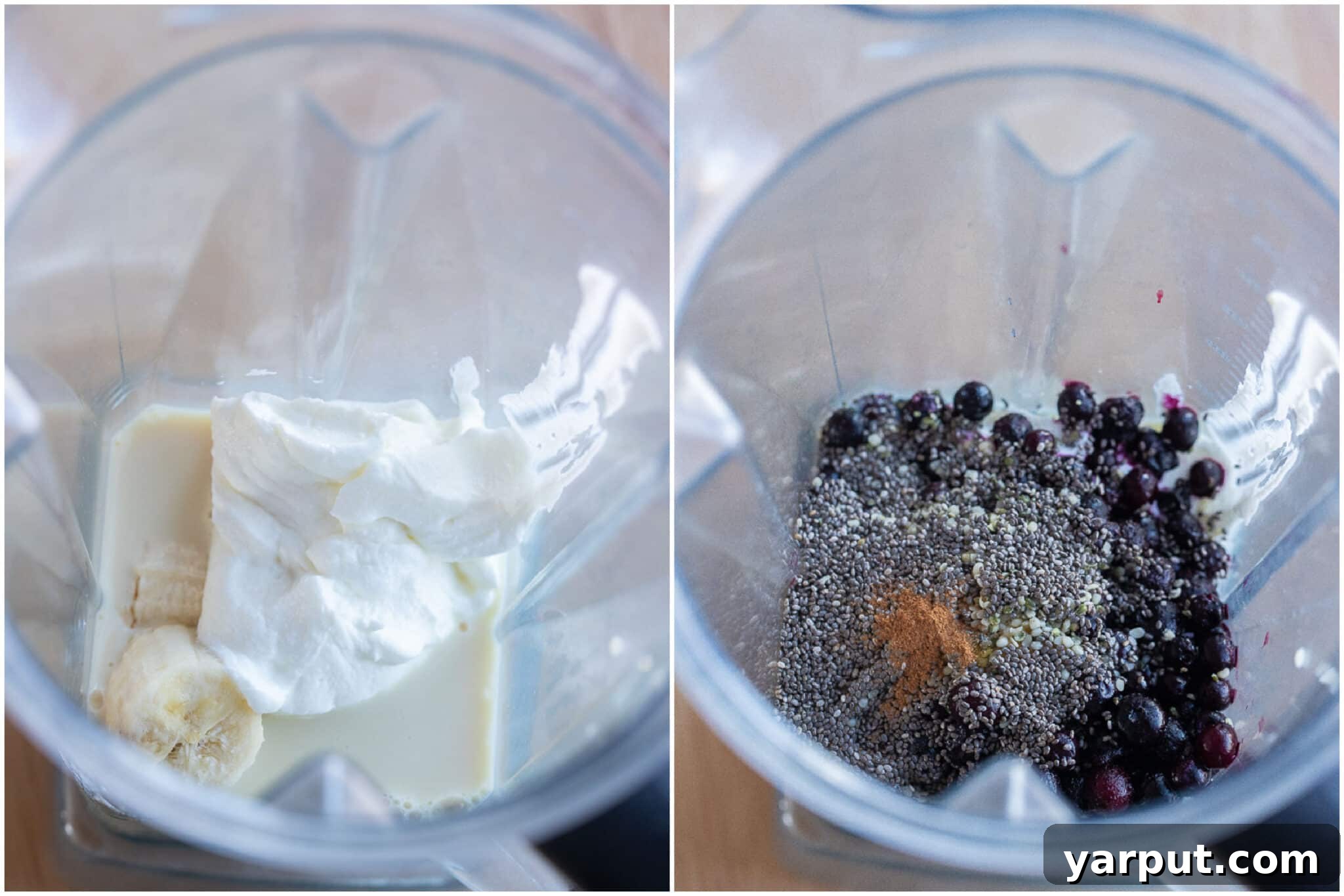 Blueberry Banana Bliss Smoothie 4 Step-by-step image showing how to combine ingredients for a blueberry banana smoothie, with milk and yogurt being poured into a blender.